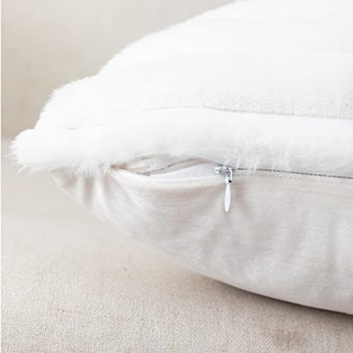ZLINA 2 Piece Cream White Faux Fur Throw Pillow Covers Fluffy Striped