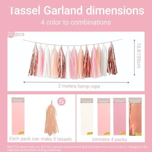 Rose Gold Peach White Pink Tassel Garland Set 20 Pack
