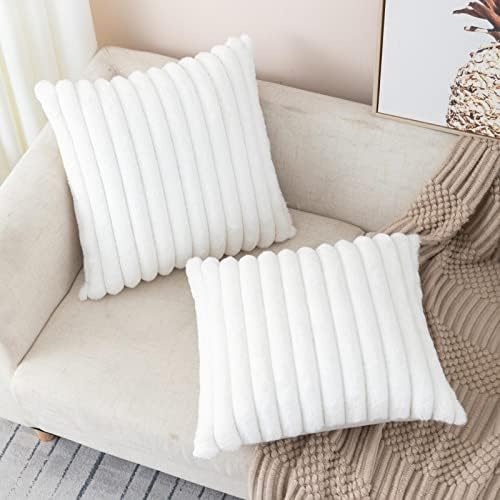 ZLINA 2 Piece Cream White Faux Fur Throw Pillow Covers Fluffy Striped