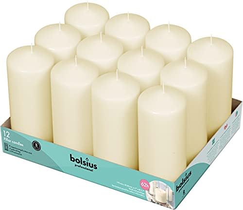 BOLSIUS 12 Ivory Pillar Candles - Unscented Dripless Set
