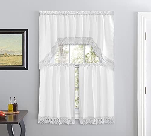 American Linen 3-Piece Caf Curtains with Valance and Lace Border White