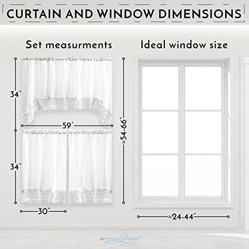 American Linen 3-Piece Caf Curtains with Valance and Lace Border White