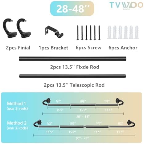 TVWOO Matte Black Wrap Around Curtain Rods 28-48 Inch