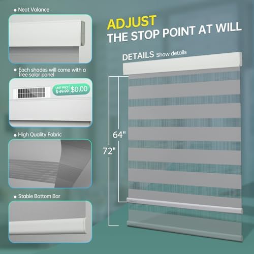 DENFOON Solar-Powered Motorized Zebra Blinds Remote Control Horizontal Shades