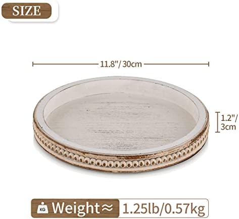Hanobe White Washed Bead Round Wooden Serving Tray