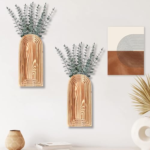 2 Pack Wooden Wall Vase Set - Brown Modern Decor