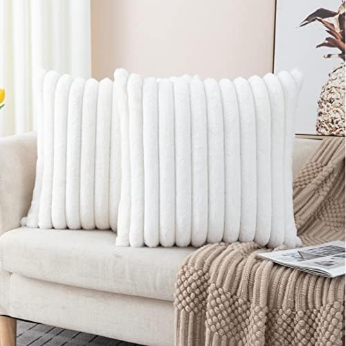 ZLINA 2 Piece Cream White Faux Fur Throw Pillow Covers Fluffy Striped
