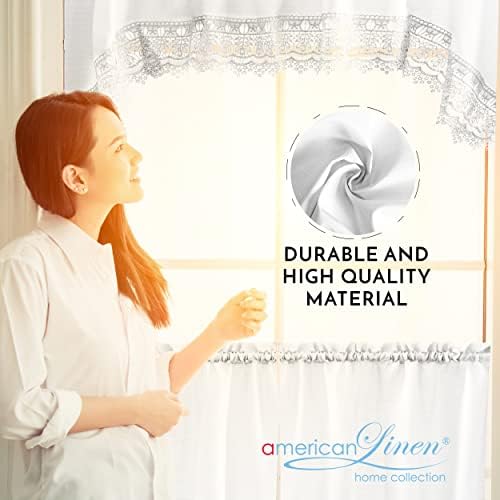 American Linen 3-Piece Caf Curtains with Valance and Lace Border White