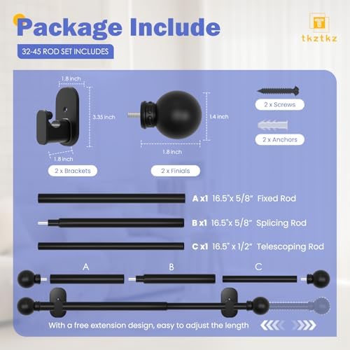 TKZTKZ No Drill Curtain Rods 32-45 Inch Black Adjustable 1