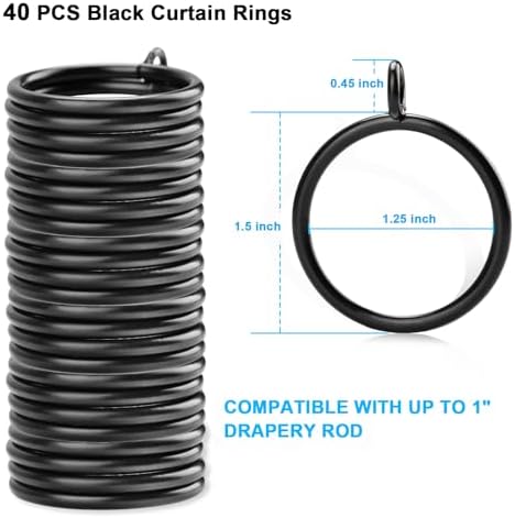 40 PCS Black Drapery Rings for 1 Inch Curtain Rod