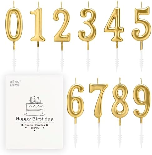 Beanlieve 10-Piece Numeral Birthday Candles - Champagne Gold