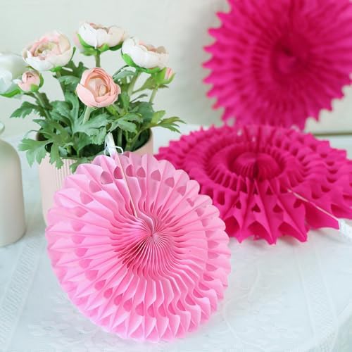 SUNBEAUTY Hot Pink Hanging Paper Fans 12Pcs Party Decor 1