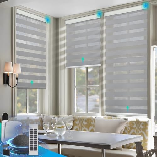 DENFOON Solar-Powered Motorized Zebra Blinds Remote Control Horizontal Shades