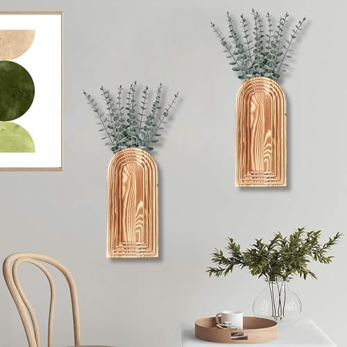 2 Pack Wooden Wall Vase Set - Brown Modern Decor