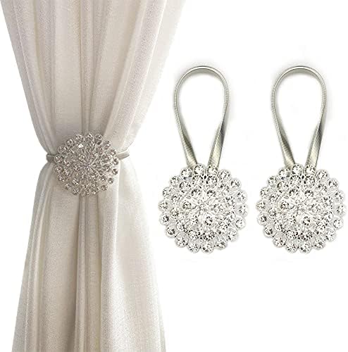 FOZUBOYO Magnetic Curtain Tiebacks 2 Pack White Crystal Flower
