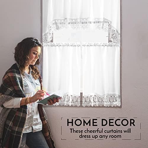 American Linen 3-Piece Caf Curtains with Valance and Lace Border White
