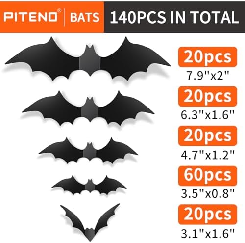 Piteno 140Pcs 3D Halloween Bat Stickers for Home Decor