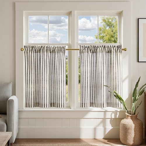 Jinchan Striped Linen Tier Curtains 2 Panels Black on Beige