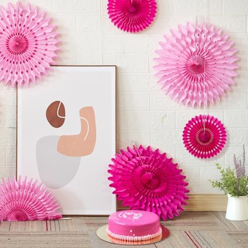 SUNBEAUTY Hot Pink Hanging Paper Fans 12Pcs Party Decor 1