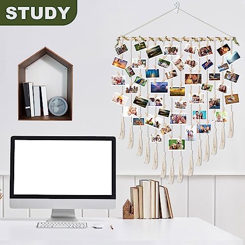 Boho Photo Display with 30 Wood Clips for Grandma and Mom