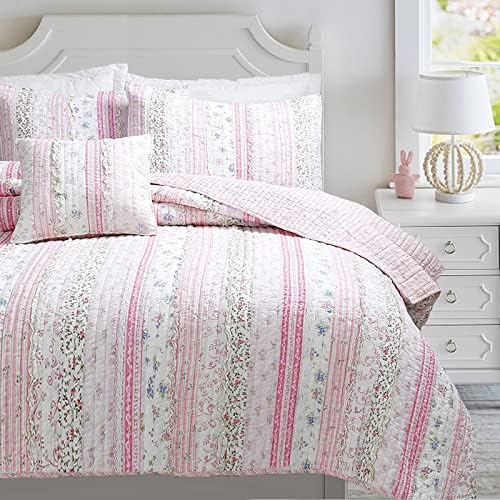Cozy Line Pink Flower Lace Ruffle Stripe Reversible Quilt Bedding Set