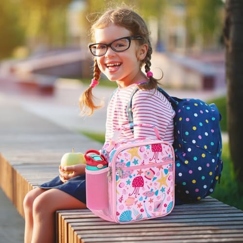 Bagseri Lunch Bag for Kids - Pink Marine Animals Reusable Leak-Proof Insulated