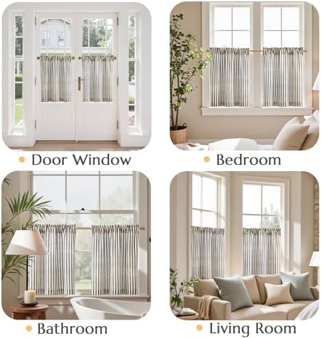 Jinchan Striped Linen Tier Curtains 2 Panels Black on Beige