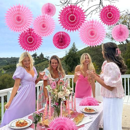 SUNBEAUTY Hot Pink Hanging Paper Fans 12Pcs Party Decor 1