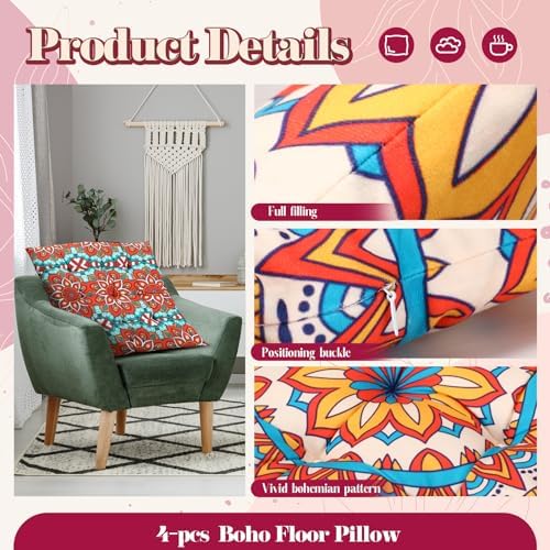 Nuogo 4 Pack 22 Inch Bohemian Floor Pillows