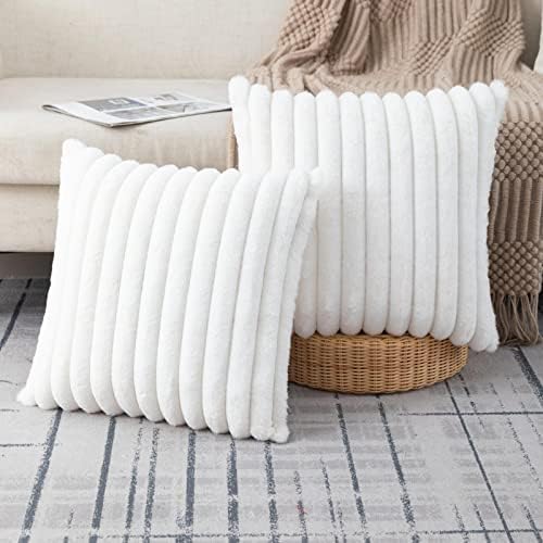 ZLINA 2 Piece Cream White Faux Fur Throw Pillow Covers Fluffy Striped
