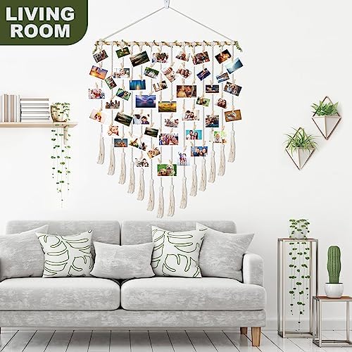 Boho Photo Display with 30 Wood Clips for Grandma and Mom