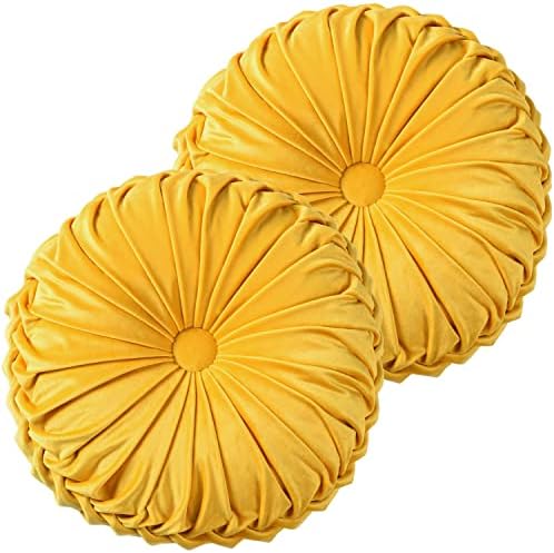HIG Set of 2 Round Pleated Throw Pillows with Center Button