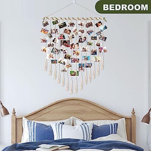 Boho Photo Display with 30 Wood Clips for Grandma and Mom