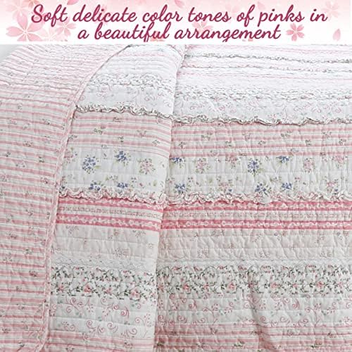 Cozy Line Pink Flower Lace Ruffle Stripe Reversible Quilt Bedding Set