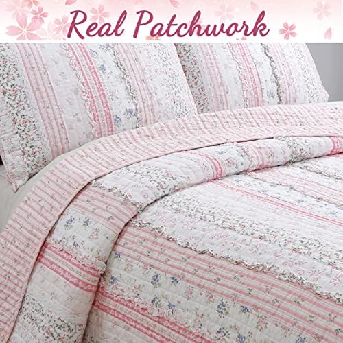 Cozy Line Pink Flower Lace Ruffle Stripe Reversible Quilt Bedding Set