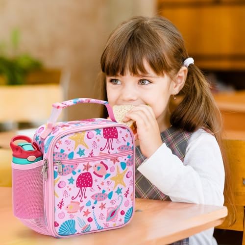 Bagseri Lunch Bag for Kids - Pink Marine Animals Reusable Leak-Proof Insulated