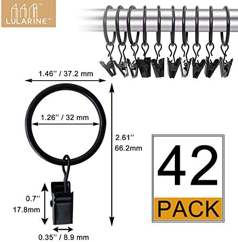 42 Pack Black Curtain Rings with Clips for Drapery Rod