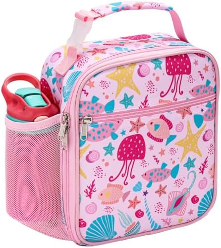 Bagseri Lunch Bag for Kids - Pink Marine Animals Reusable Leak-Proof Insulated