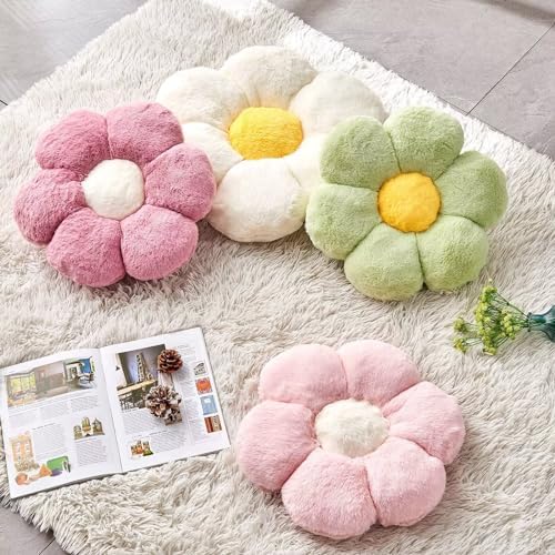 Pink Flower Pillow Cute Decorative Throw with Faux Rabbit Fur