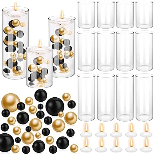 Nuanchu 12 Glass Cylinder Vases with Gold Black Pearls and Candles