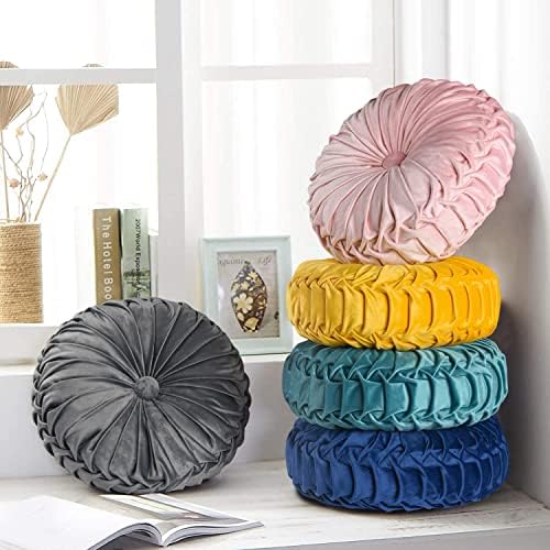 HIG Set of 2 Round Pleated Throw Pillows with Center Button