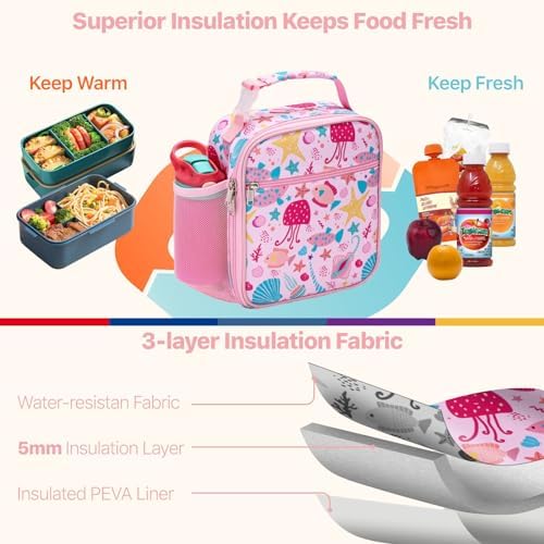 Bagseri Lunch Bag for Kids - Pink Marine Animals Reusable Leak-Proof Insulated