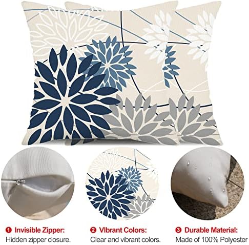 Blue Gray Floral Pillow Covers Set of 2 Waterproof 18x18