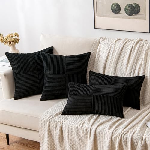 MIULEE Black Corduroy Throw Pillow Covers Pack of 2