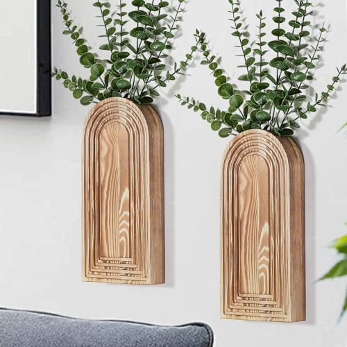 2 Pack Wooden Wall Vase Set - Brown Modern Decor