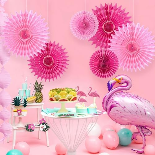 SUNBEAUTY Hot Pink Hanging Paper Fans 12Pcs Party Decor 1