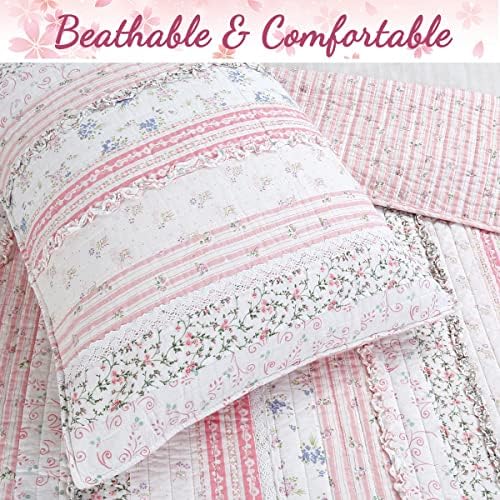 Cozy Line Pink Flower Lace Ruffle Stripe Reversible Quilt Bedding Set