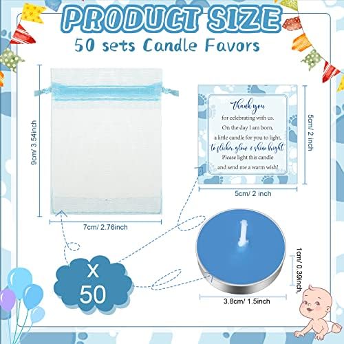 50 Sets Baby Shower Favors with Tealights Cards and Bags Blue