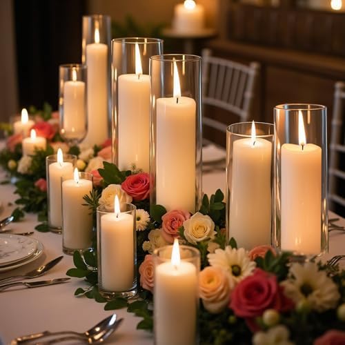 Homjoy 36 PCS White Pillar Candles with Clear Glass Holders