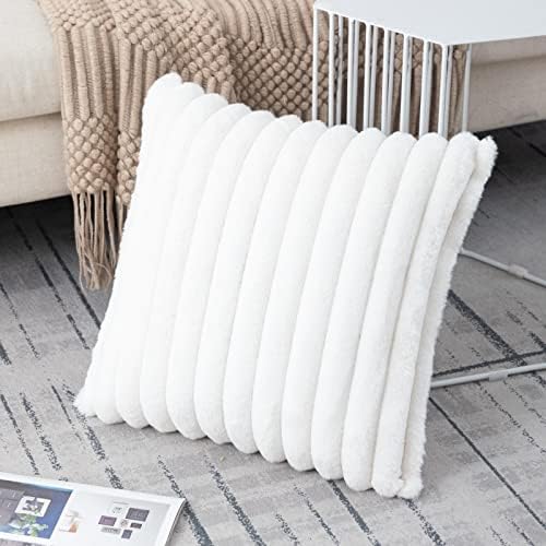 ZLINA 2 Piece Cream White Faux Fur Throw Pillow Covers Fluffy Striped